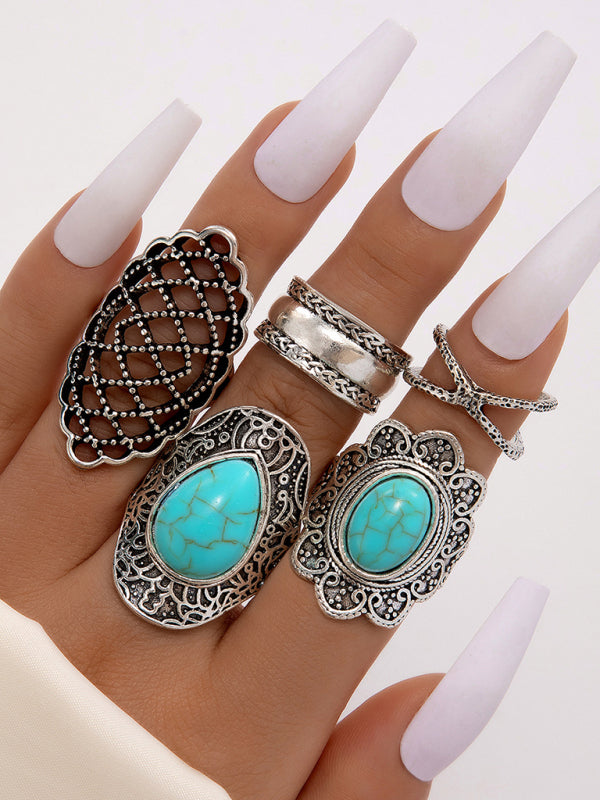 Personalidade exagerada retrô gotejamento óleo cruz oco anel de borda larga conjunto de 5