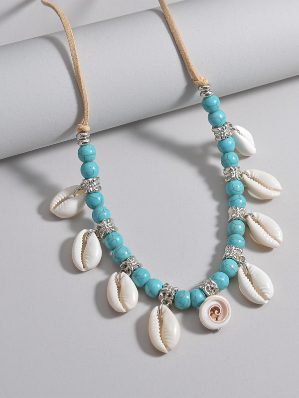 Bohemian shell pendant turquoise beaded velvet braided adjustable necklace for men and women