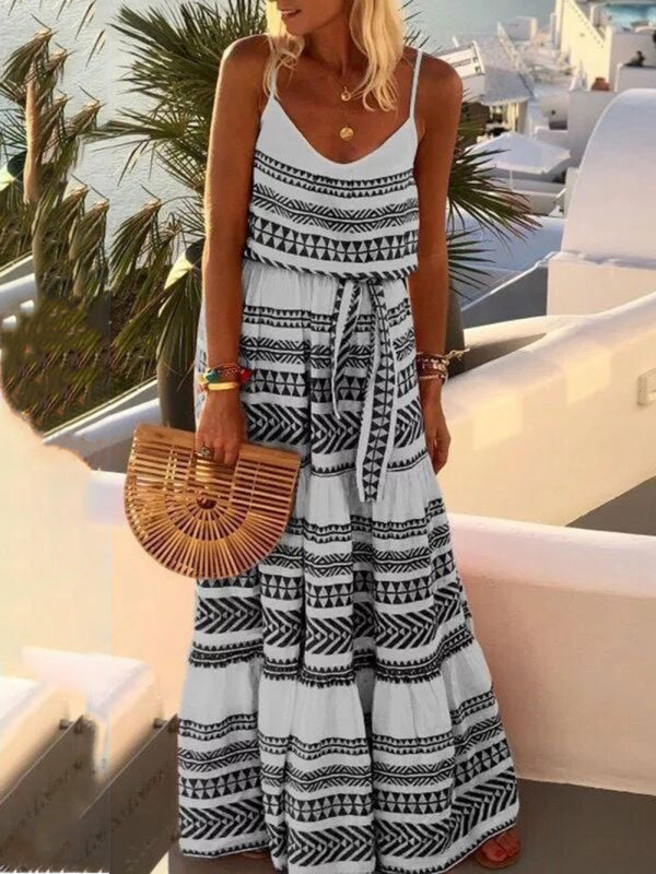 Bohemian style deep V-neck printed beach holiday style suspender dress