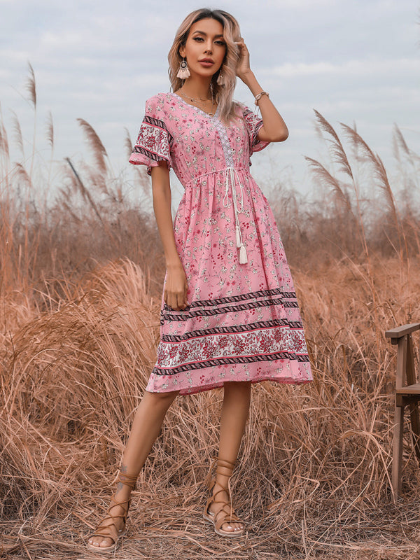Women's Bohemian Short Sleeve V-Neck Floral Dress