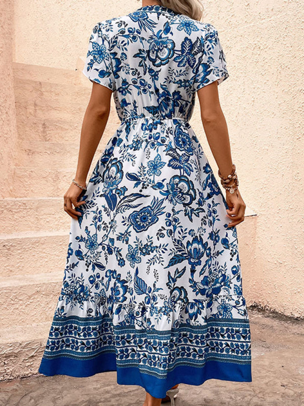 New Fashion Blue Printed Slim Dress