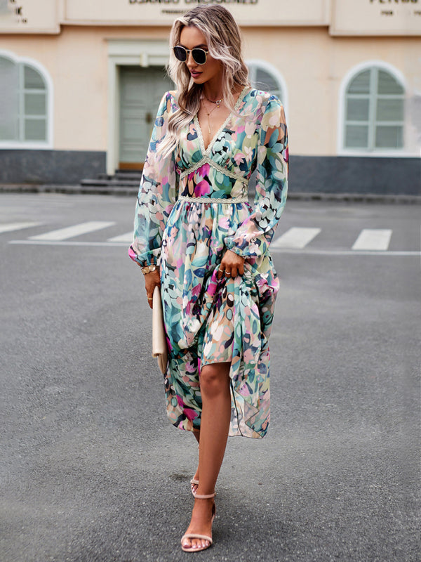 Women's resort casual printed V-neck long-sleeved dress