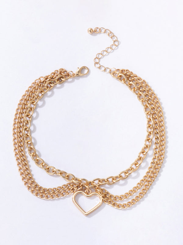 Gold heart-shaped chain anklet tassel snake-shaped pendant three-layer anklet for women