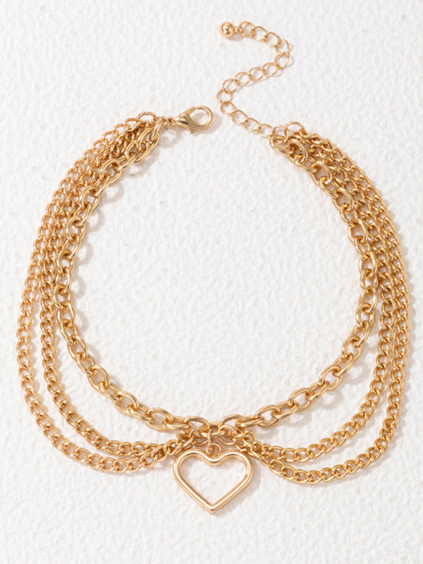 Gold heart-shaped chain anklet tassel snake-shaped pendant three-layer anklet for women