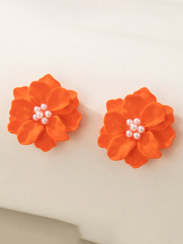 Brincos de pérola de flor branca tridimensional de camélia exagerada simples e versátil 