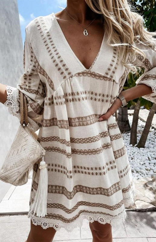 V-Neck Geometric Print Flare Sleeve Lace Dress