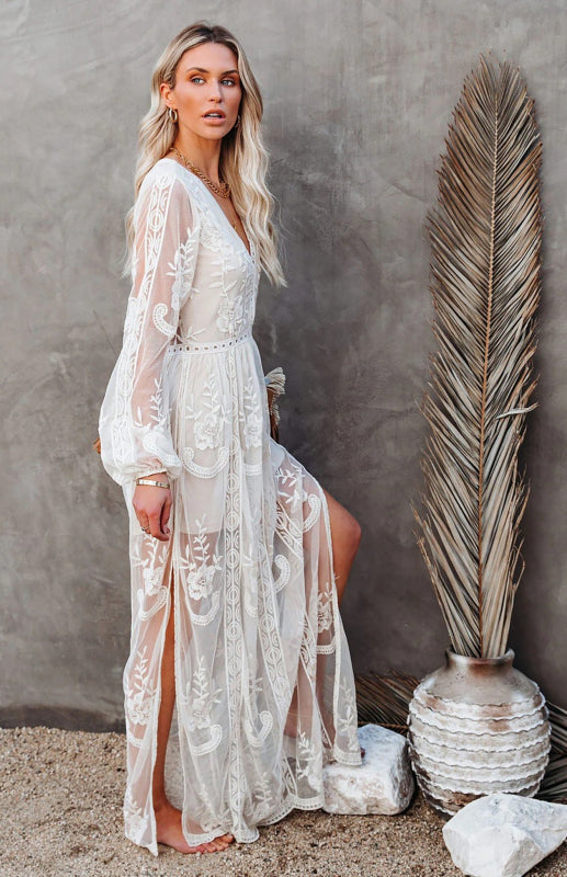Lace Long Sleeve Deep V Solid Color Hollow Dress