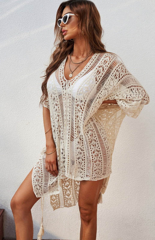 Crochet Knitted Tassel Tie Kimono Beachwear