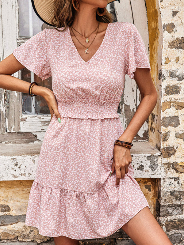 Floral Dress Pink Casual V-Neck Ruffle Dress