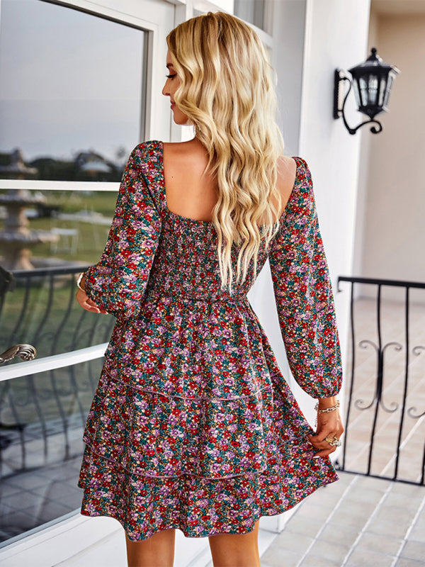 Women's Square Neck Long Sleeve Printed Cake Dress