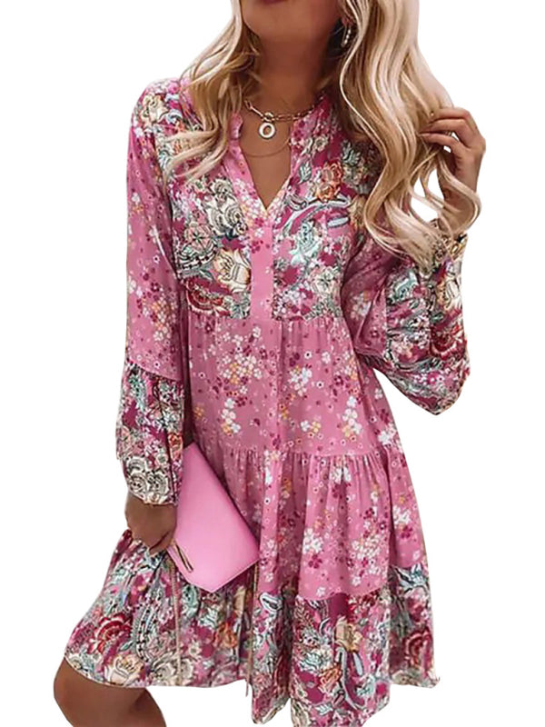 New V-neck floral mosaic printed skirt cropped sleeve layered mini dress