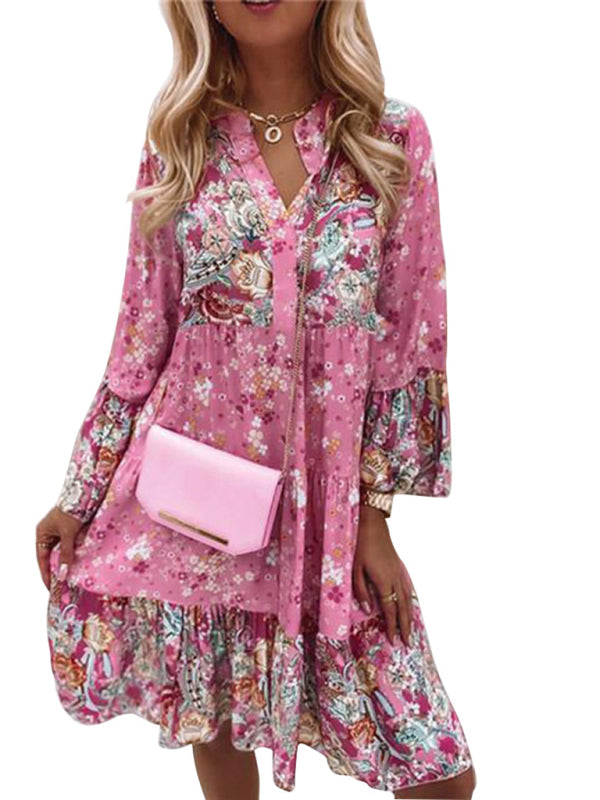 New V-neck floral mosaic printed skirt cropped sleeve layered mini dress