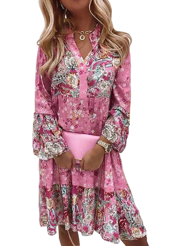 New V-neck floral mosaic printed skirt cropped sleeve layered mini dress