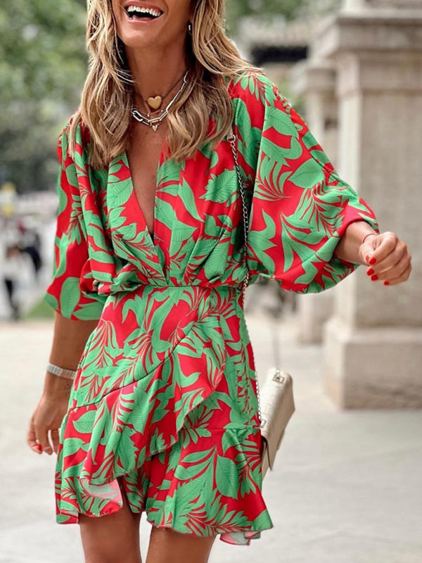 Women's Printed Deep V Puff Sleeves Elegant Lotus Leaf Dress