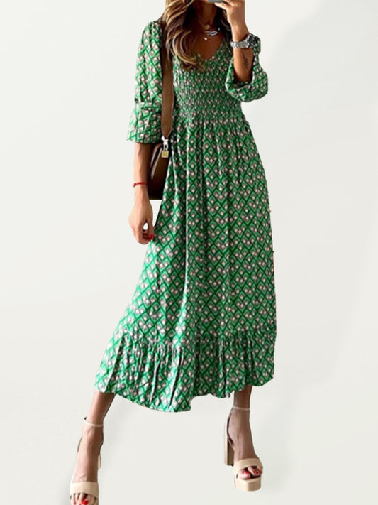 Spring new fashion women's V-neck long skirt waist floral print large swing dress