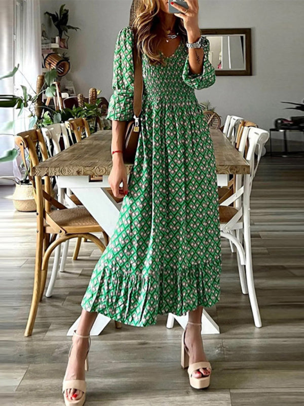 Spring new fashion women's V-neck long skirt waist floral print large swing dress