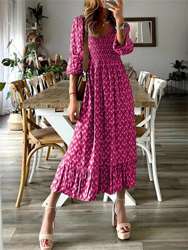 Spring new fashion women's V-neck long skirt waist floral print large swing dress