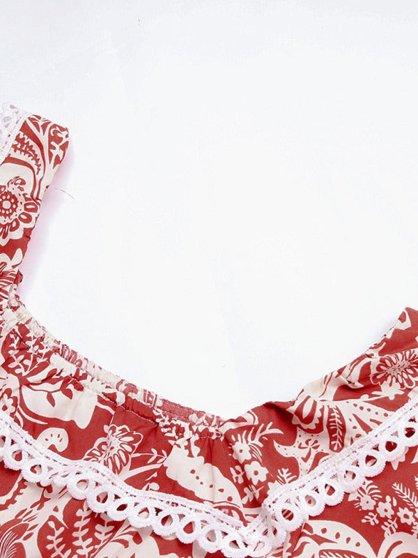 Women's Woven Square Neck Long Sleeve Printed Dress