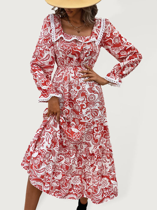 Women's Woven Square Neck Long Sleeve Printed Dress