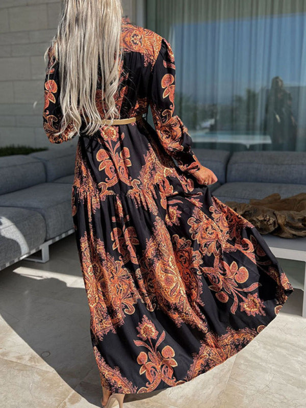 Women's Woven Loose Vintage Style Vacation Long Sleeve Dress