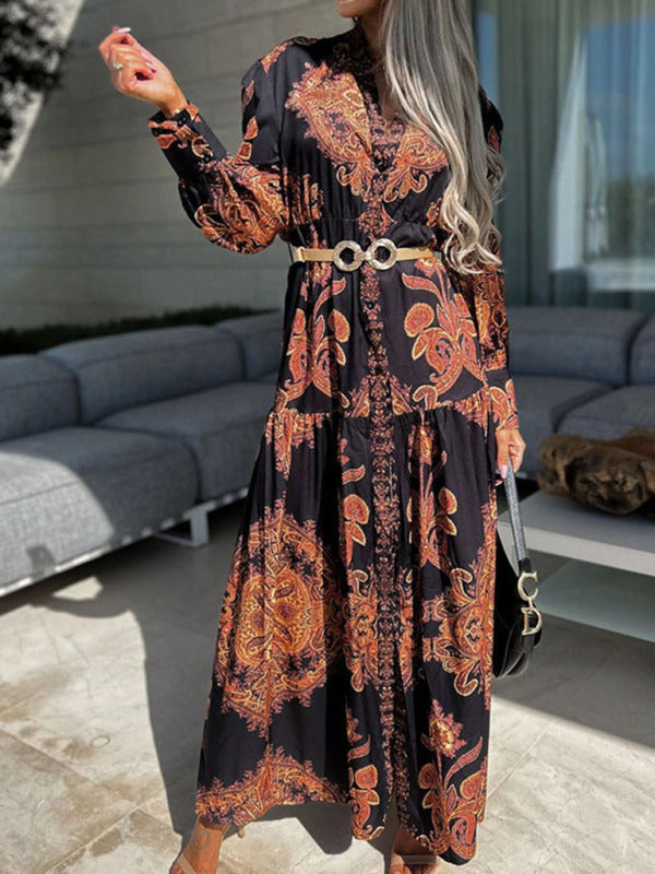 Women's Woven Loose Vintage Style Vacation Long Sleeve Dress