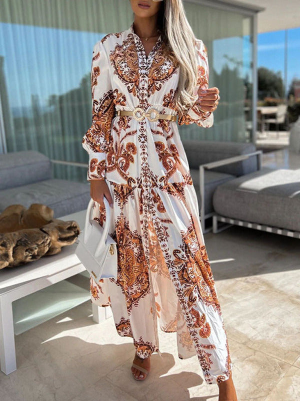 Women's Woven Loose Vintage Style Vacation Long Sleeve Dress
