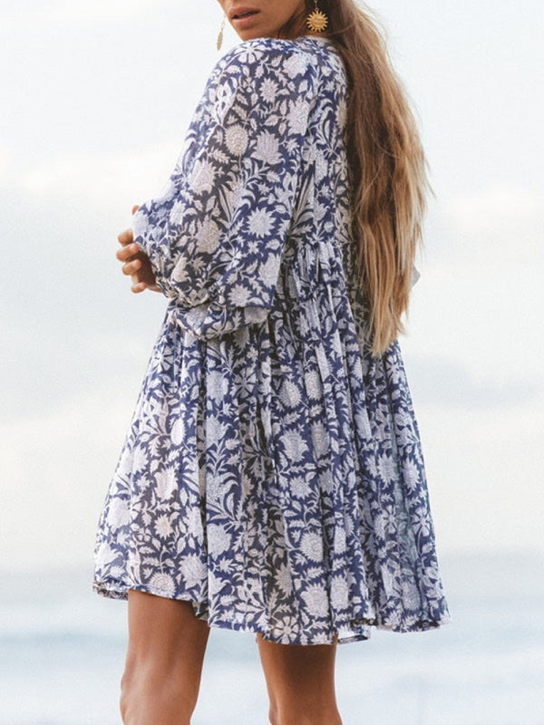 Women's Woven Floral Loose Casual Dress with String