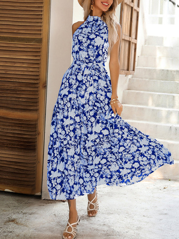 Summer French Halter Neck Sleeveless Slit Print Sexy Dress