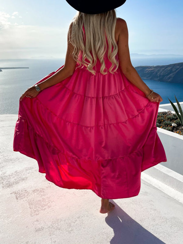 Ruched Solid Color Swing Skirt Beach Vacation Dress