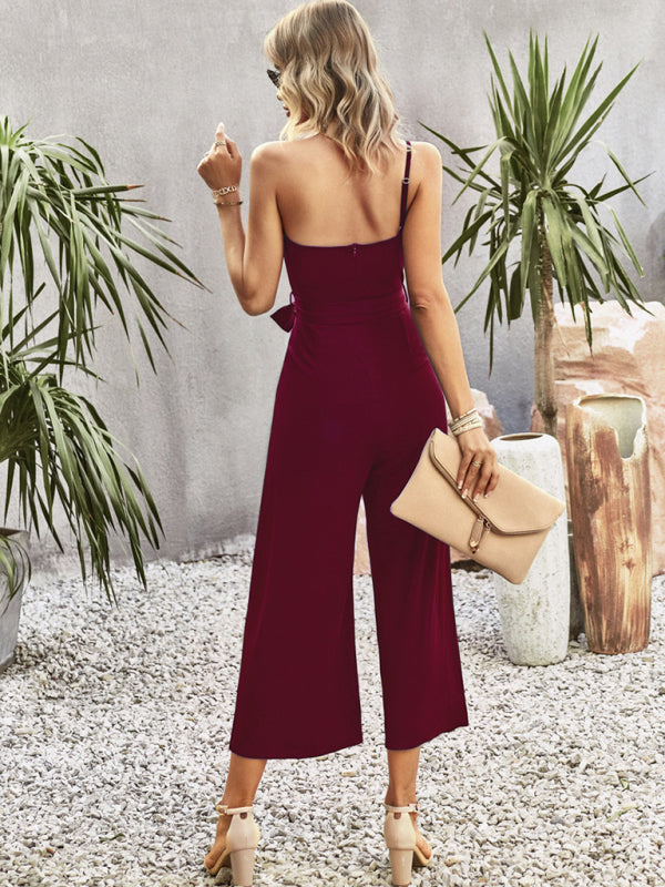 Women's solid color one-shoulder tie jumpsuit