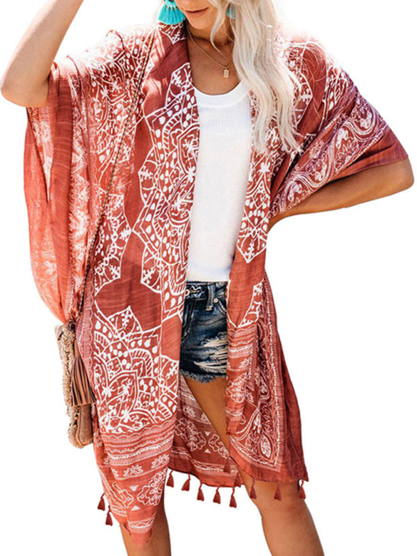 Women's Boho Print Pompom Cover-up