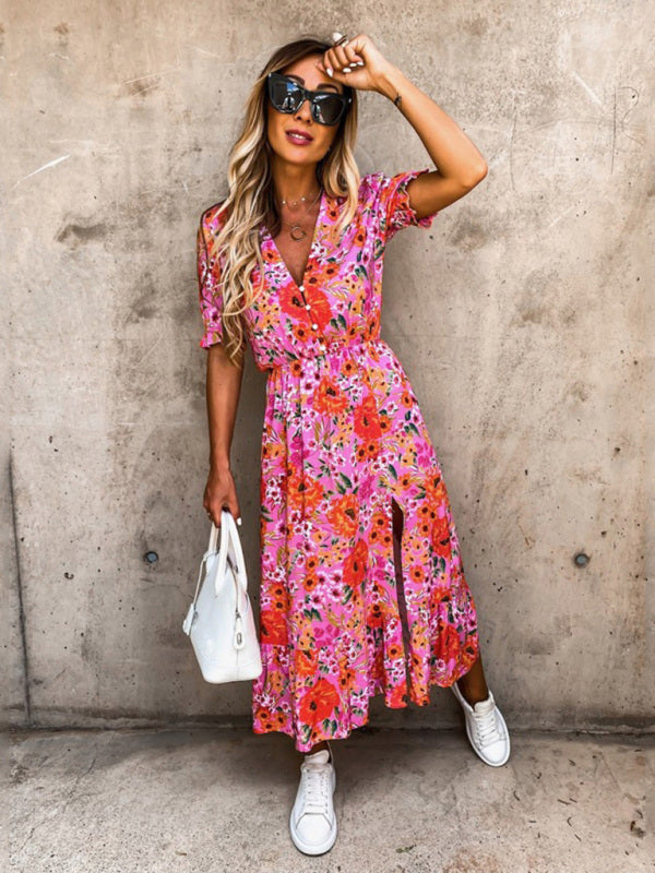 Women's Floral Print Short Sleeve V-Neck Dress