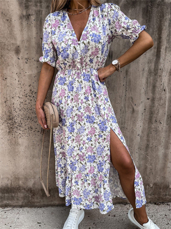 Women's Floral Print Short Sleeve V-Neck Dress