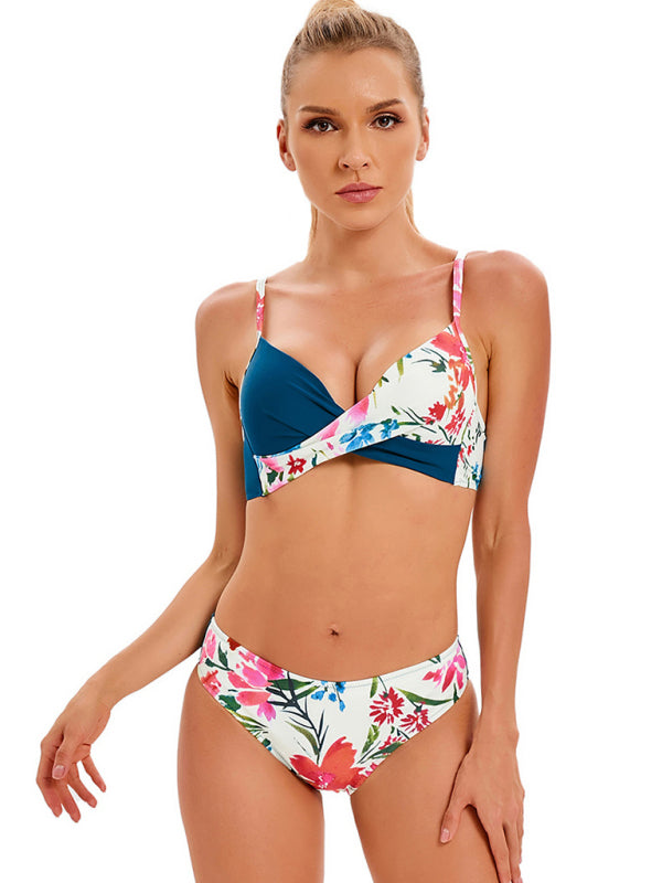 Women's Media Solid Color With Floral Print Split Bikini Top And Matching Buttom Swimming Set