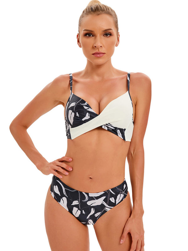 Women's Media Solid Color With Floral Print Split Bikini Top And Matching Buttom Swimming Set