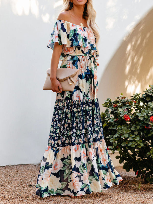 New one-shoulder printed long swing dress