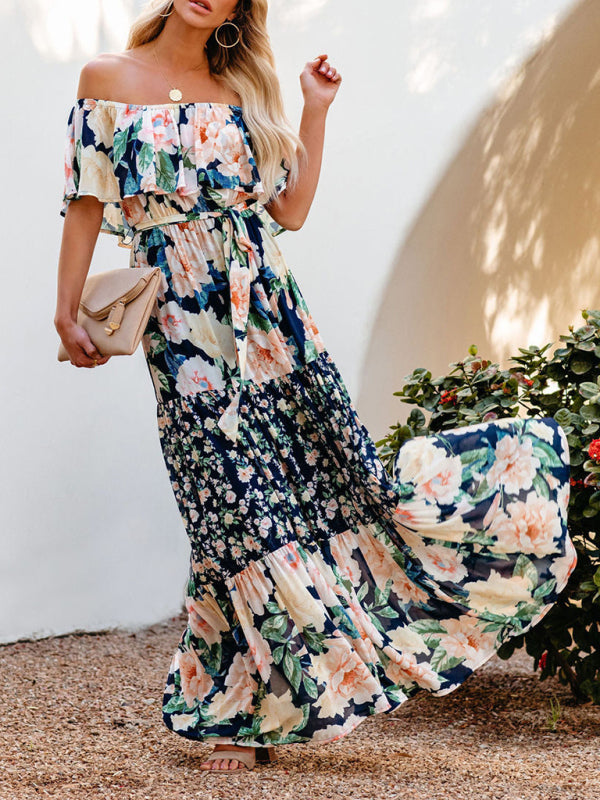 New one-shoulder printed long swing dress