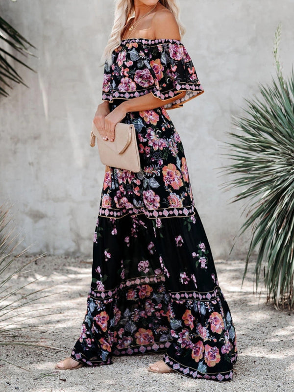 New one-shoulder printed long swing dress