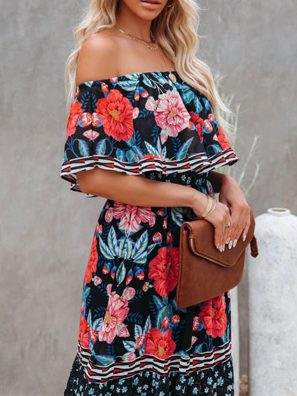 New one-shoulder printed long swing dress