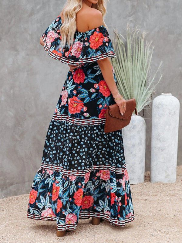 New one-shoulder printed long swing dress