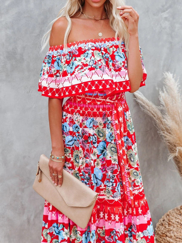 New one-shoulder printed long swing dress