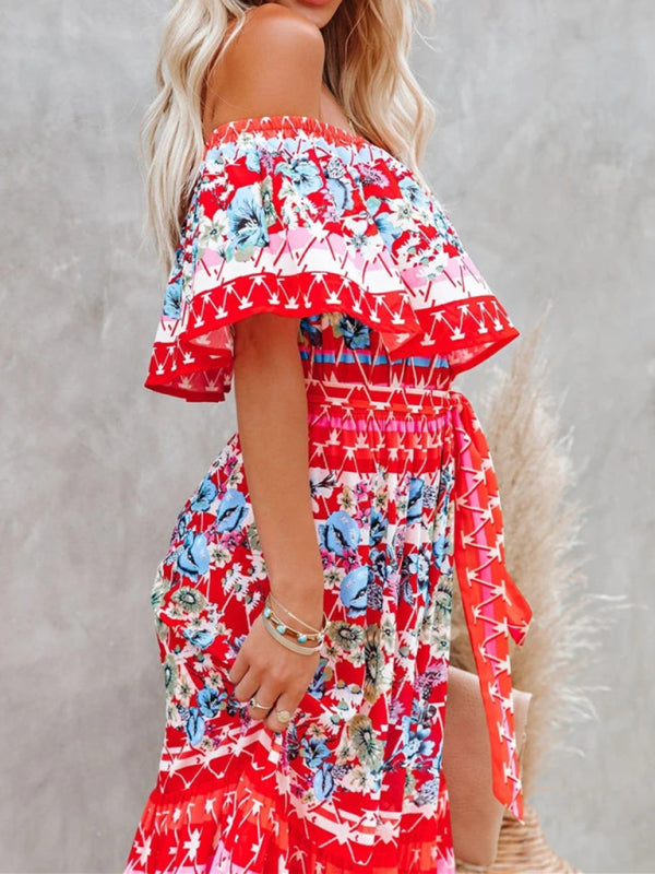 New one-shoulder printed long swing dress