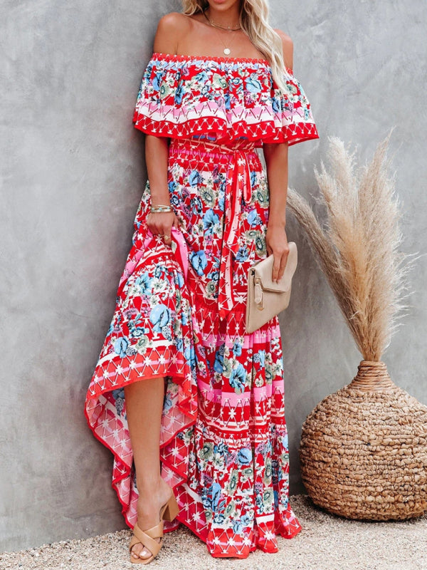 New one-shoulder printed long swing dress