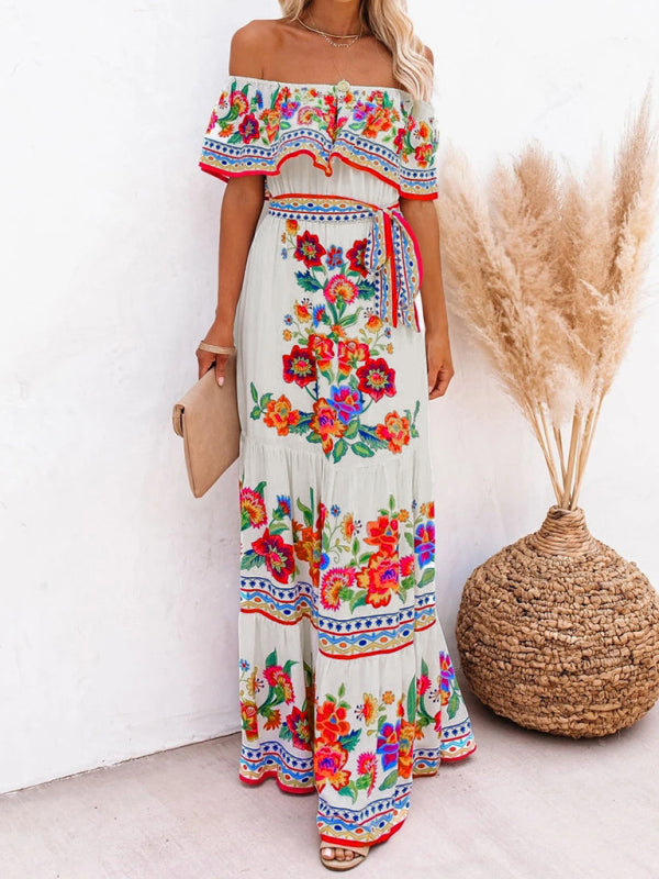 New one-shoulder printed long swing dress