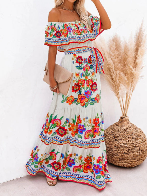 New one-shoulder printed long swing dress