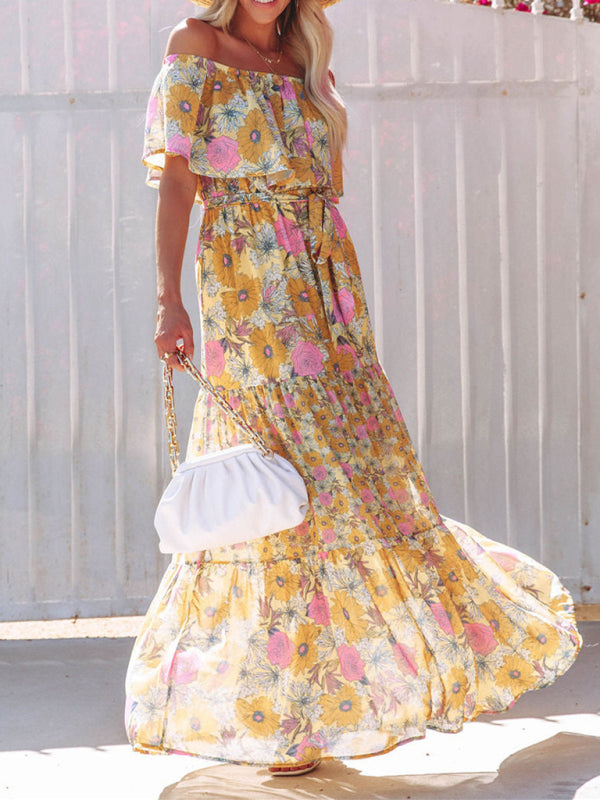 New one-shoulder printed long swing dress