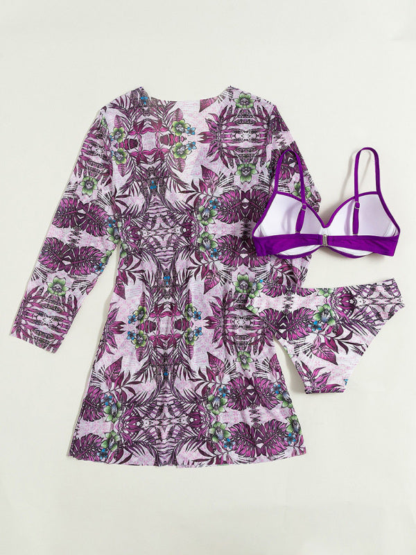 Biquíni feminino estampado de cintura alta de três peças com capa de malha dividida 