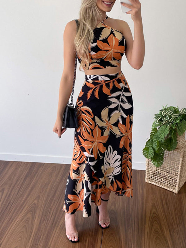 Women's Printed Short Tether Tank Top High Waist Skirt Two-Piece Set