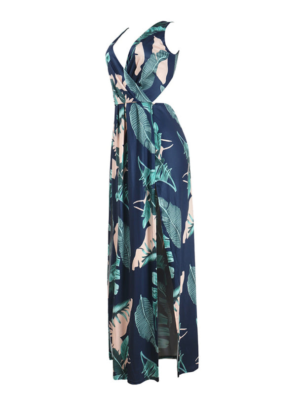 Women's plant print slit open back deep V dress