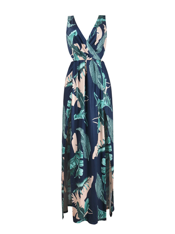 Women's plant print slit open back deep V dress